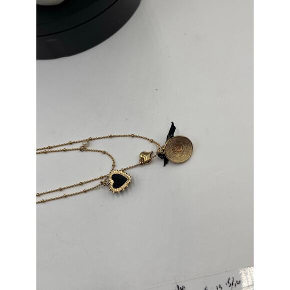 Betsey Johnson Double strand Beaded Chain Sunhat Black Bow‎ Heart Necklace - Picture 7 of 9